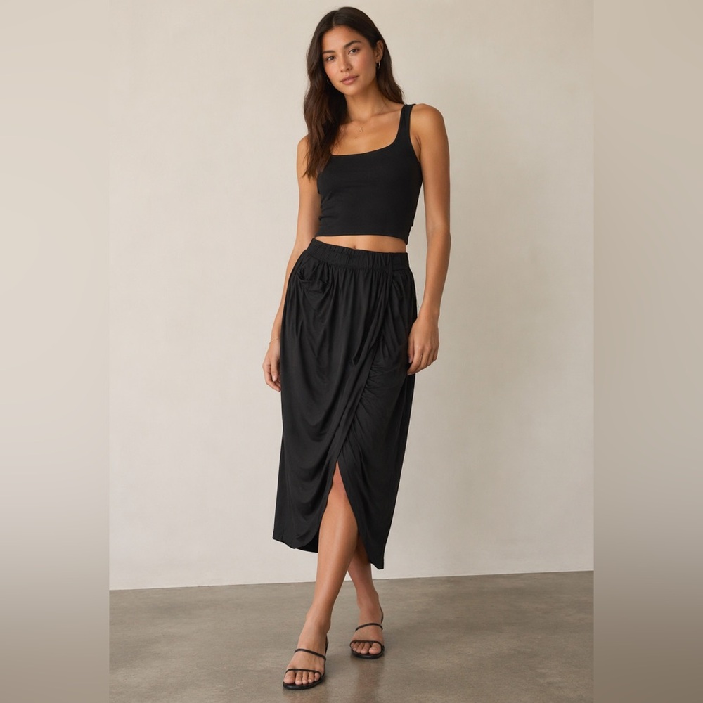 A New Day Black Draped Midi Skirt Elastic Waist Ruched Size M NWT